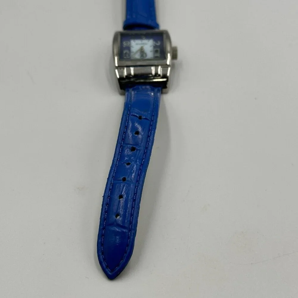 Rousseau Watch Women Silver Tone Square Dial Blue Leather Band New Battery 9